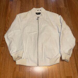 Pelle Pelle White Croc-Embossed Leather Jacket Size 52 Full-Zip Ribbed Cuffs & H